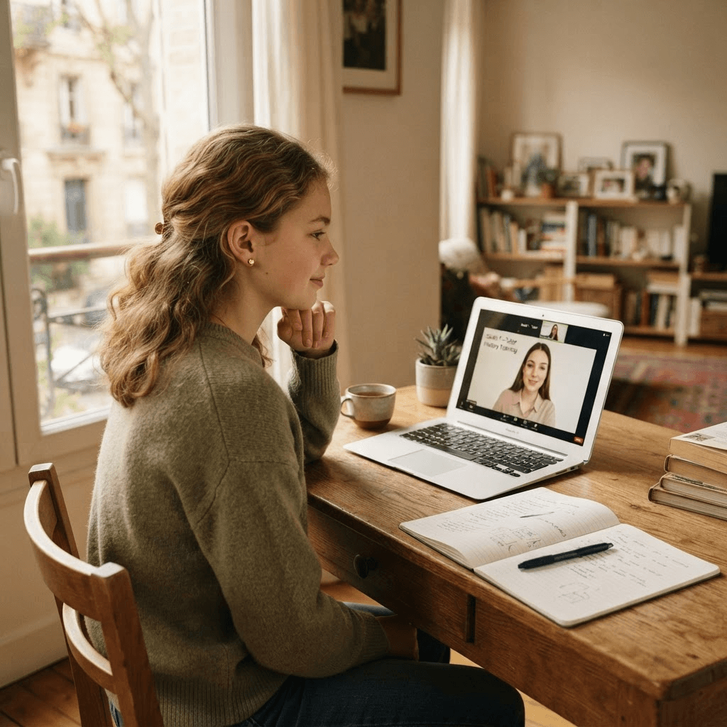 A student at a desk at home taking an online IGCSE lesson on a laptop